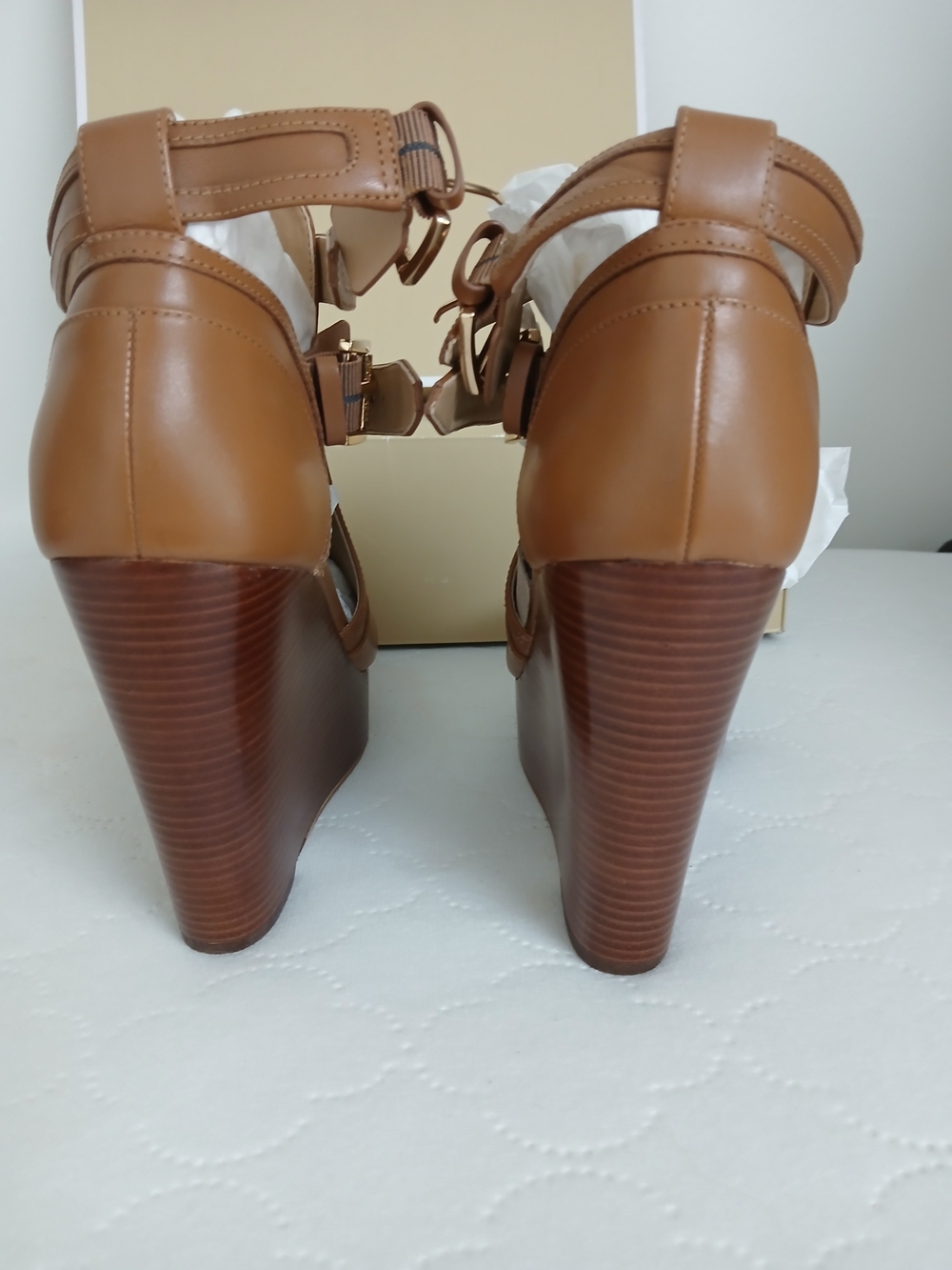 Michael Kors Cognac Leather Strappy Wedge Sandals - Picture 7 of 8
